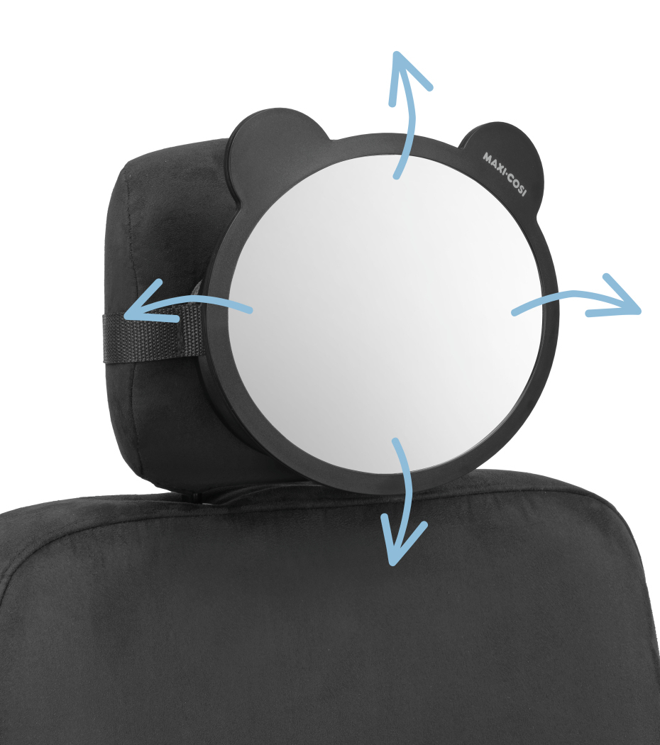 Espelho redondo preto com orelhas de urso no apoio de cabeça do carro