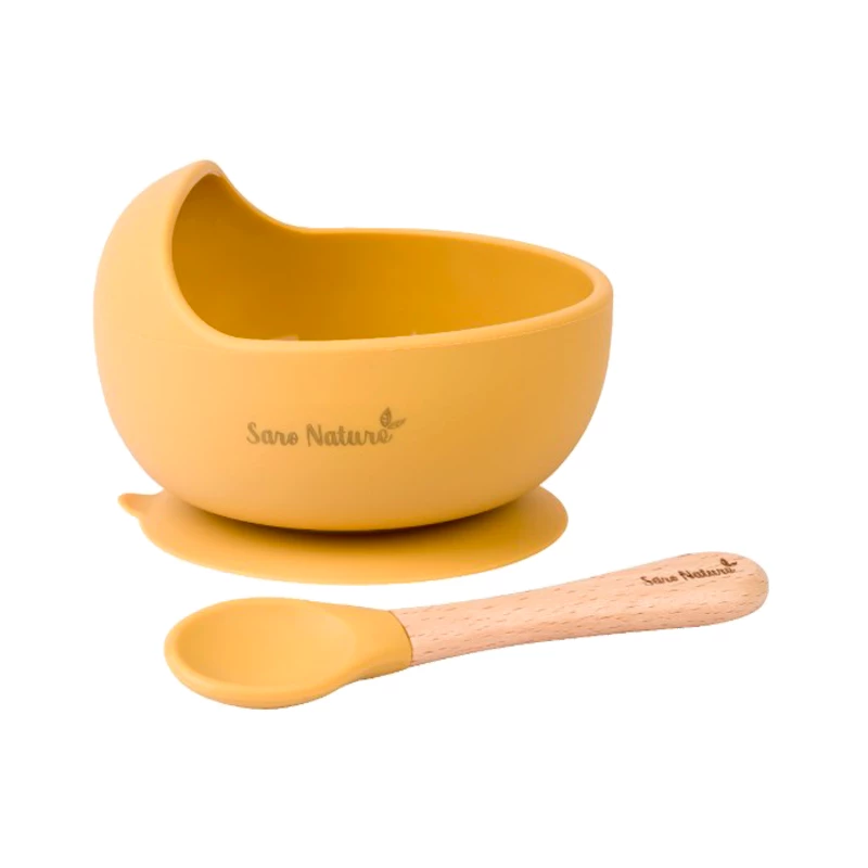 conjunto de prato e colher para bebés em silicone amarelo e madeira clara