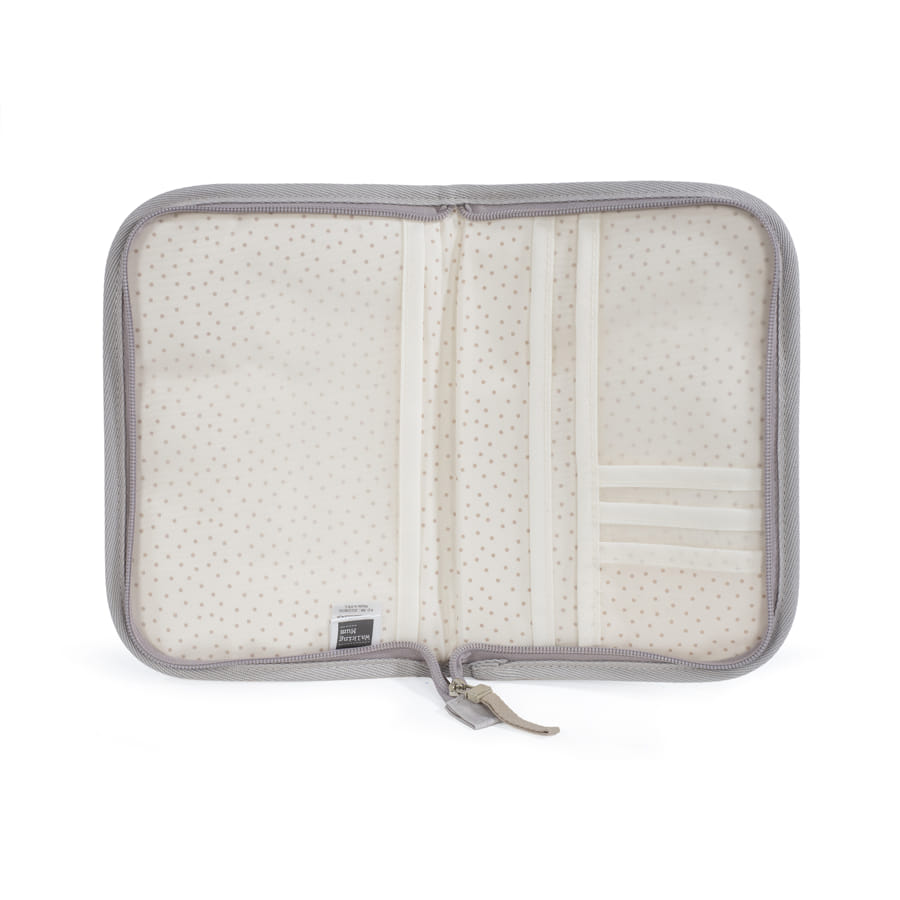 Estojos aberto cinza e creme com fecho de correr e bolsos internos