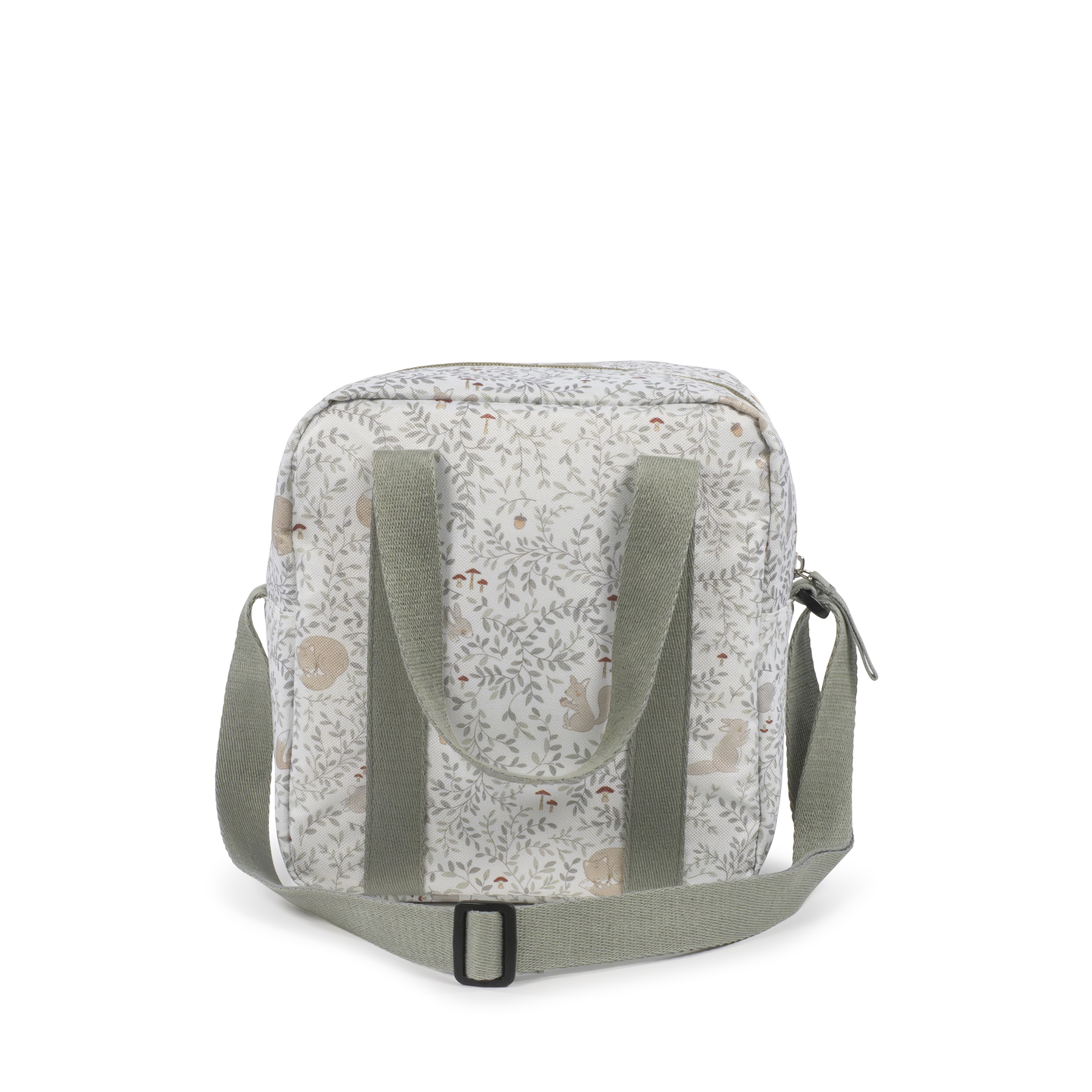 Mochila pequena branca com padrão de folhas e animais, alças verdes