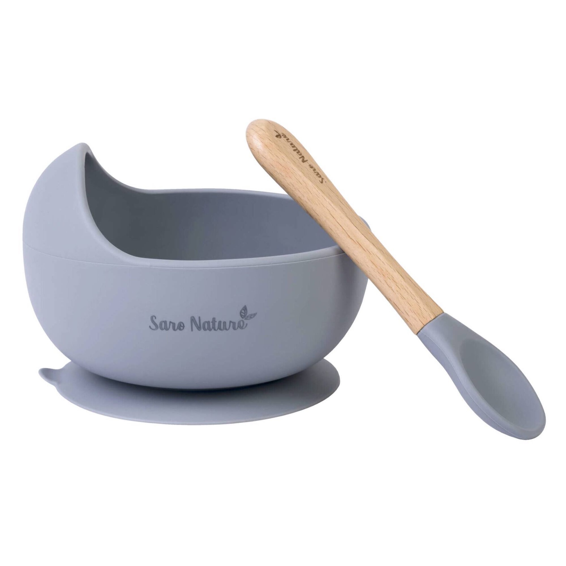 Taça cinzenta de silicone com base antiderrapante e colher com cabo de madeira e ponta de silicone cinzenta Sara Nature.