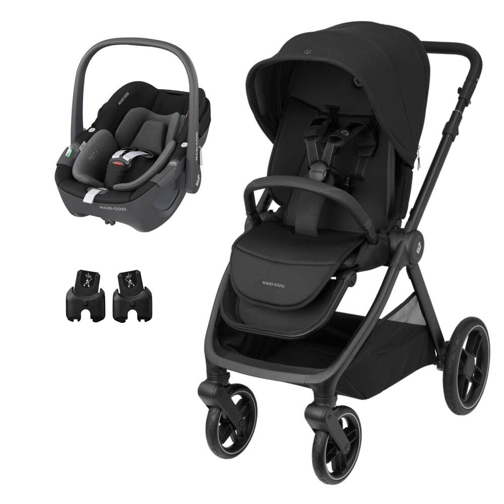 Carrinho de bebé preto com banco auto e adaptadores