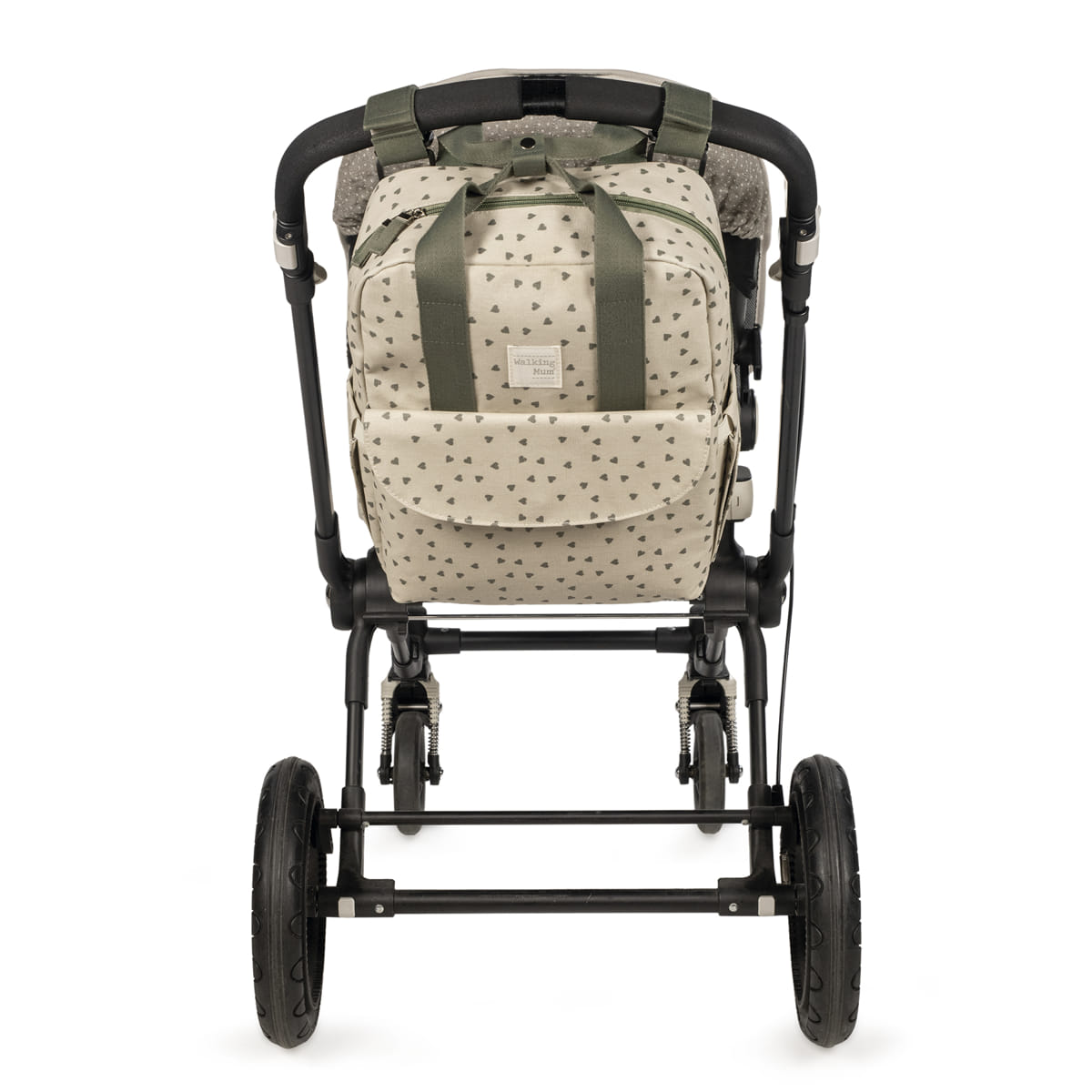 Carrinho de bebé com mochila bege estampada e estrutura preta