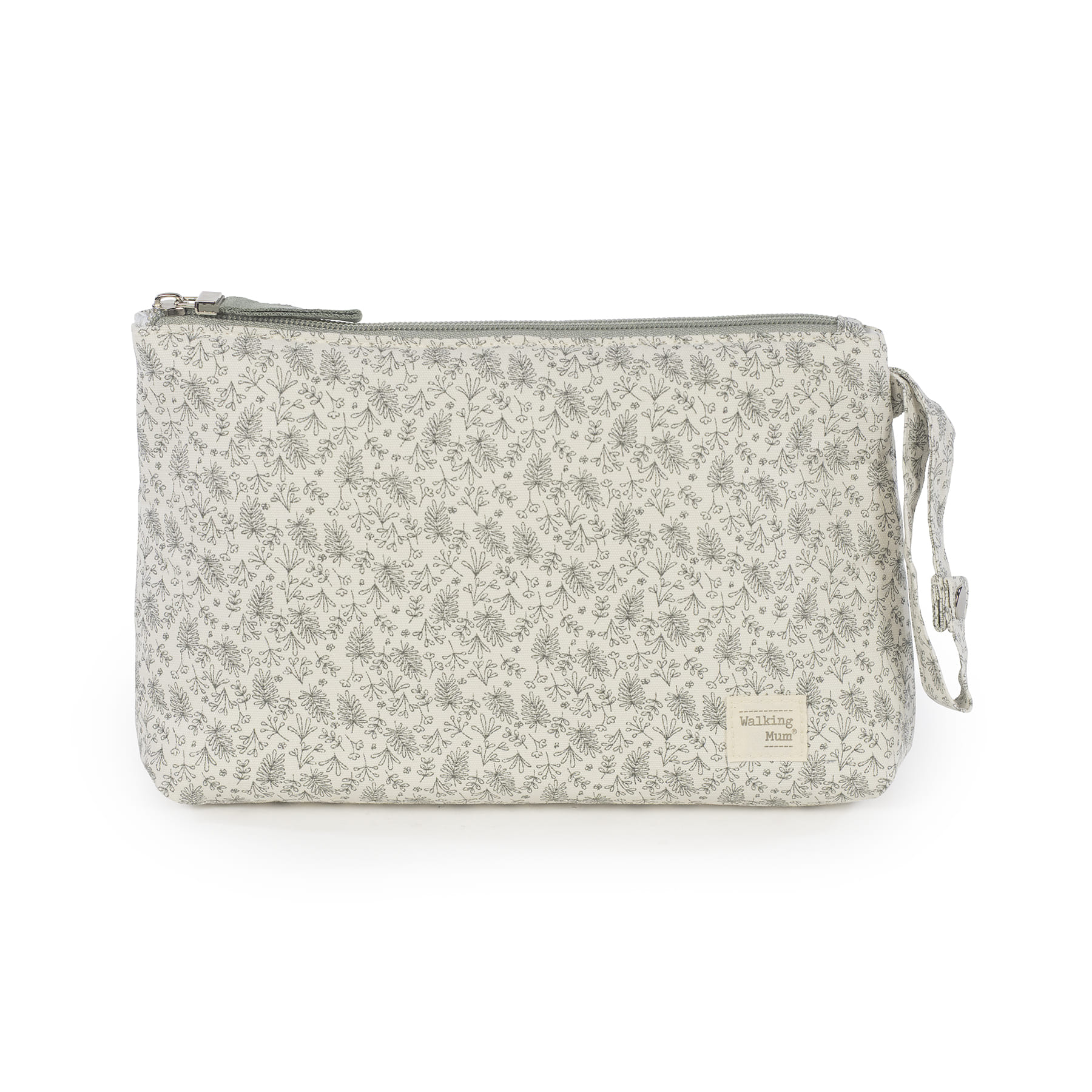 Necessaire cinzenta com padrão floral e fecho de correr