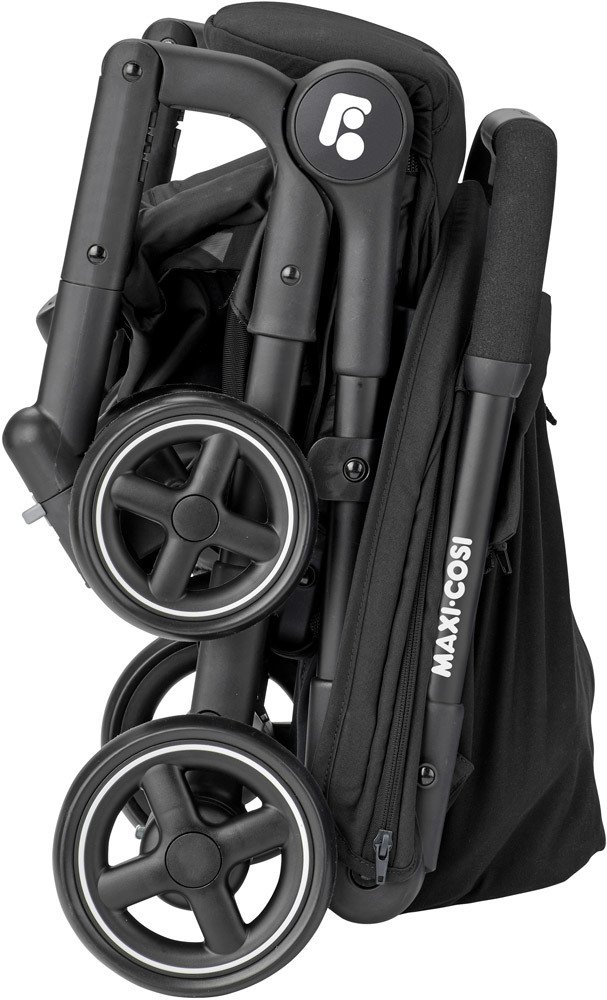Carrinho de bebé dobrável preto com rodas e logótipo Maxi-Cosi