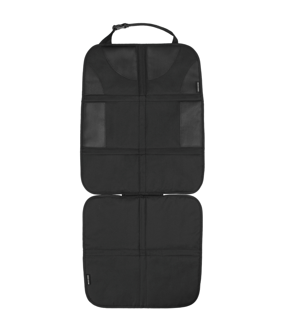 Capa protetora preta para banco de carro com tecido liso e detalhes em malha