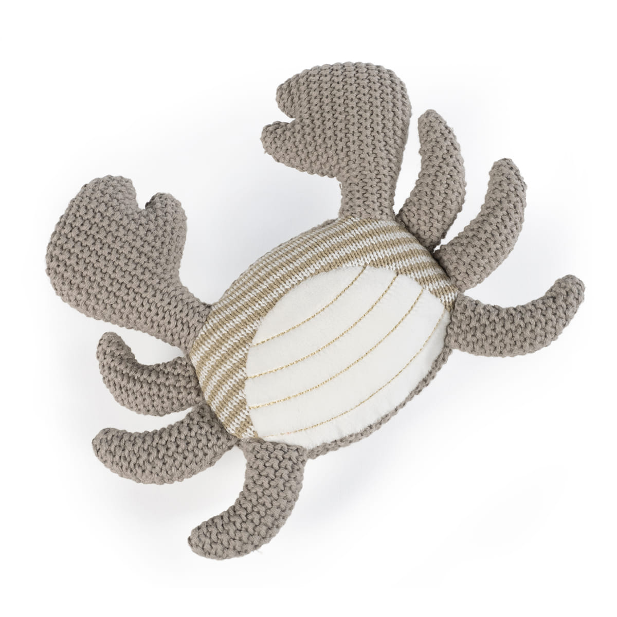 Brinquedo ou almofada tricotada em forma de caranguejo cinza e bege