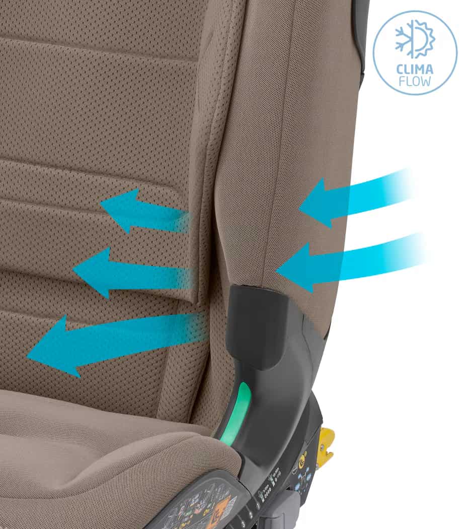Assento de carro infantil bege com fluxo de ar indicado e logo CLIMA FLOW