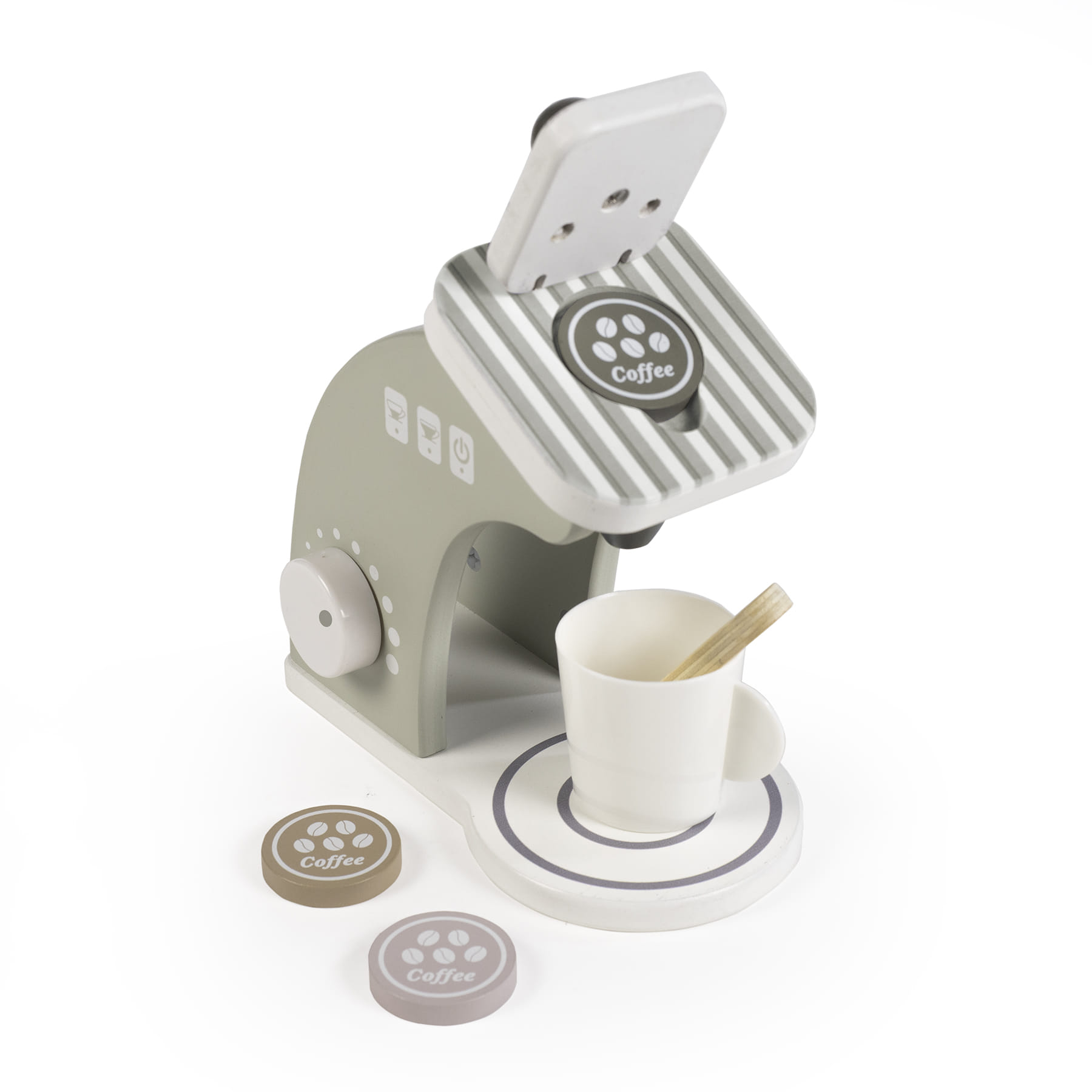Máquina de café de brinquedo em madeira com caneca e cápsulas.