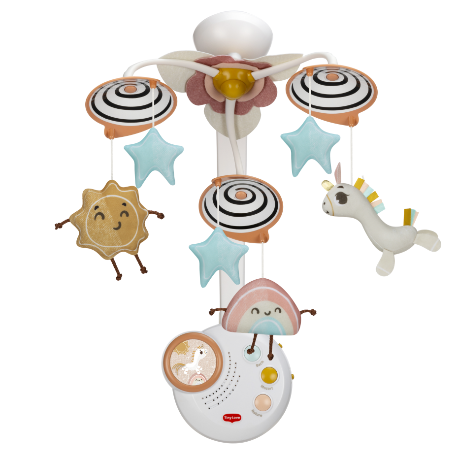 Móvel musical para bebés com pêndulos coloridos e botões de controlo