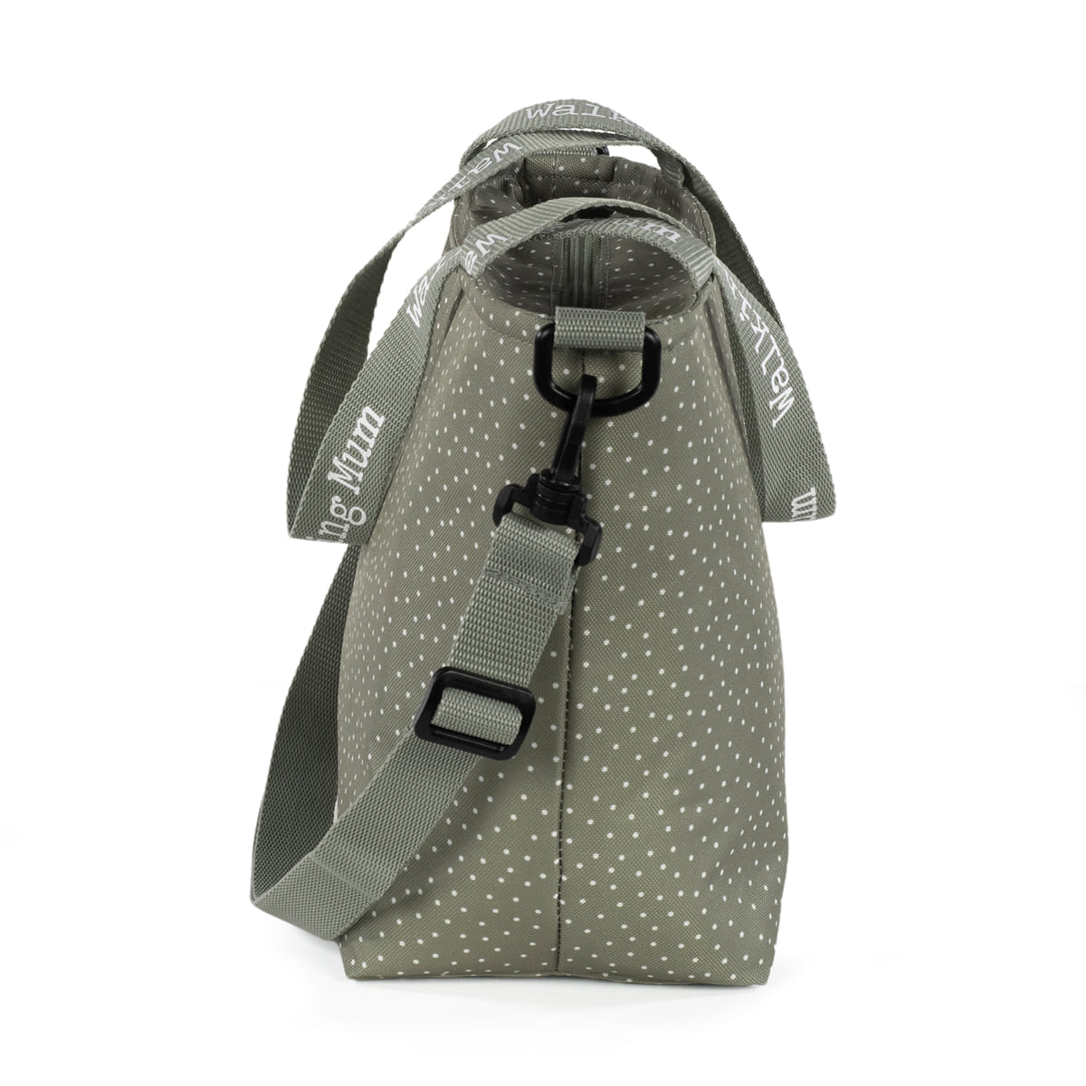 Mala verde com padrão de pontos brancos vista de lado