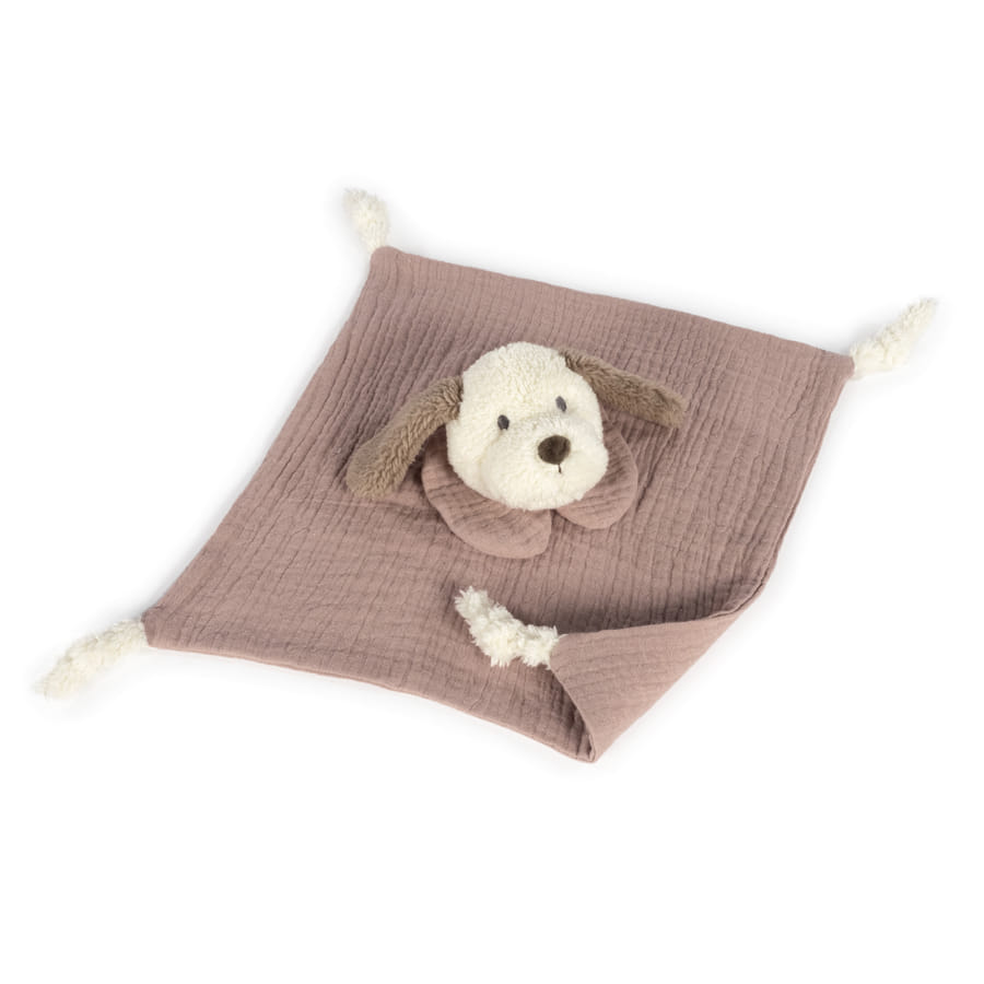 Mantinha de pano rosa antigo com rosto de cão em peluche no centro