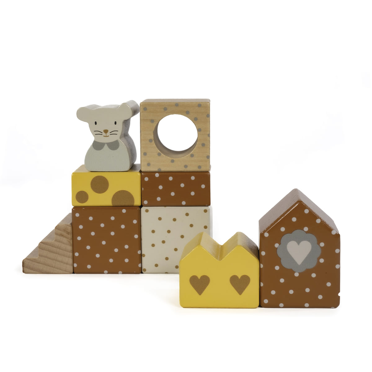 Blocos de madeira coloridos com padrões e figura de rato