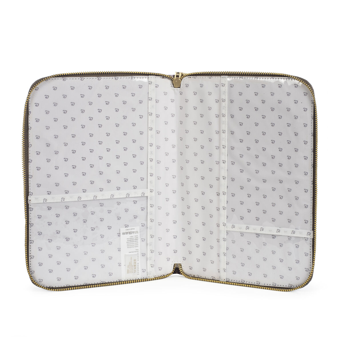 Estojo aberto com interior branco e padrão de âncoras cinzentas