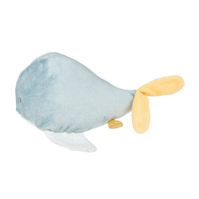 Pelúcia de baleia azul com nadadeiras amarelas e branca