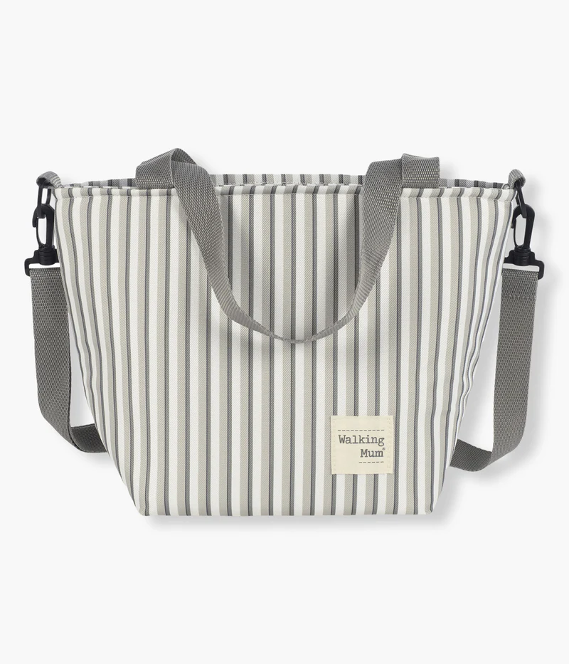 Bolsa riscada cinzenta e branca com alças cinzentas e etiqueta Walking mum