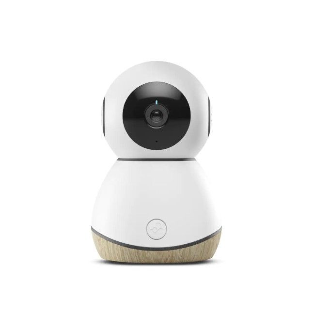 Câmara de vigilância branca com lente preta e base de madeira