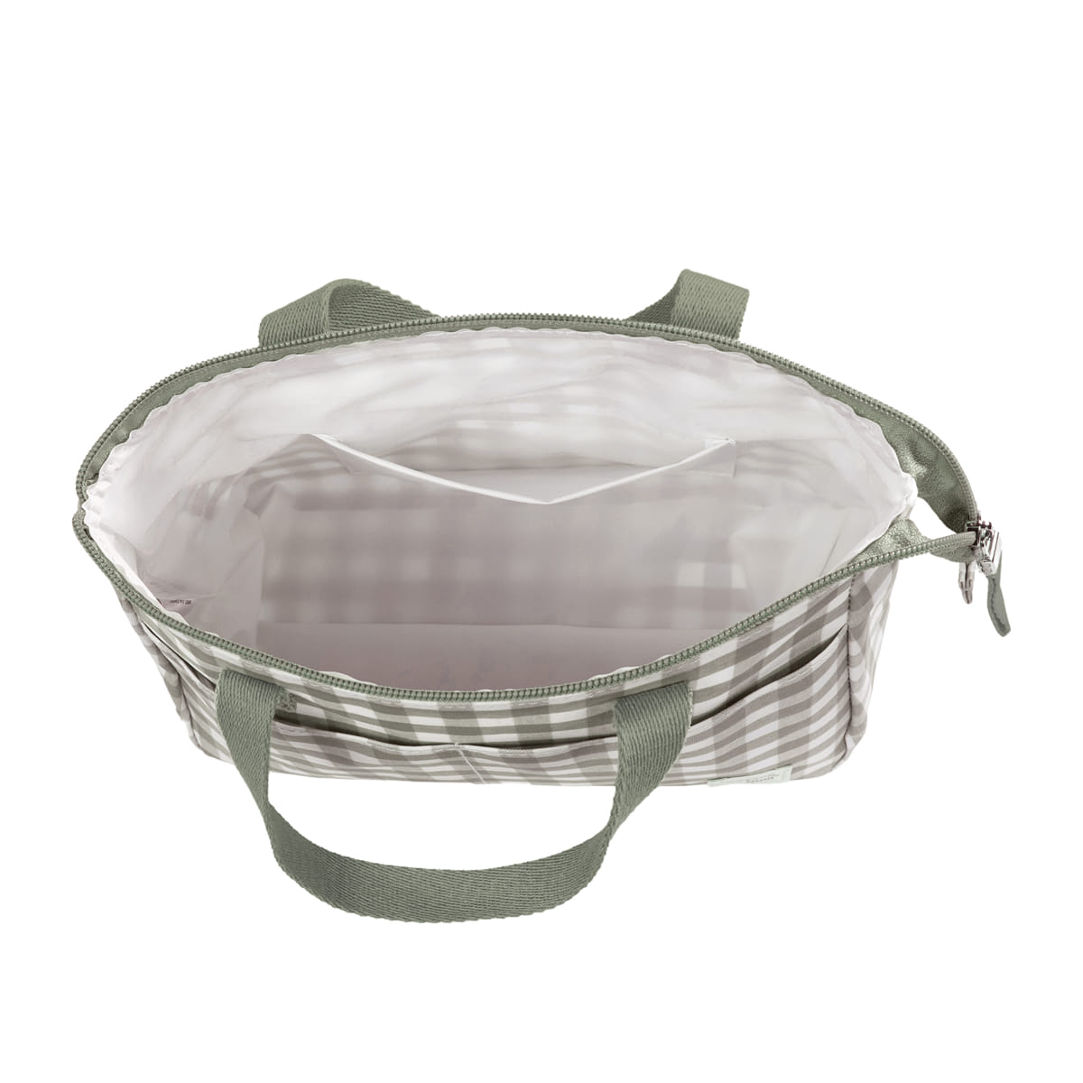 Mala de mão xadrez verde e bege com interior branco e fecho de correr