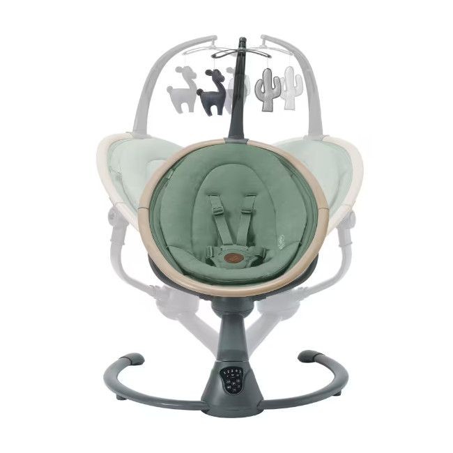 Balanço para bebé verde com mó de brinquedos cinza, preto e bege