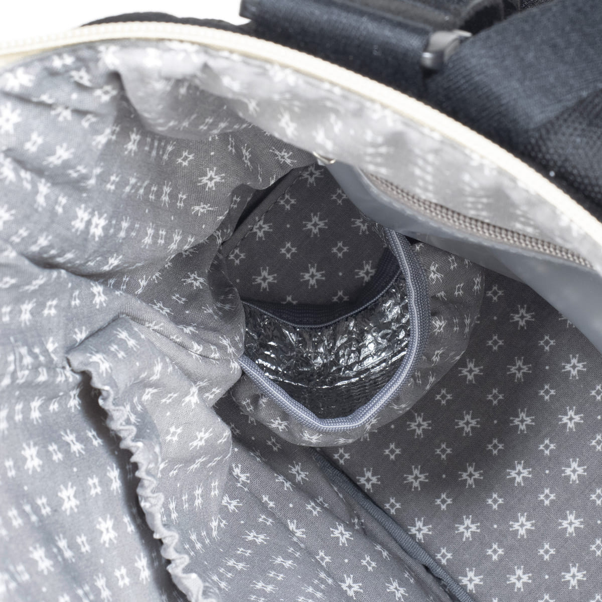 Interior de mala cinzento com padrão de estrelas brancas e bolso térmico