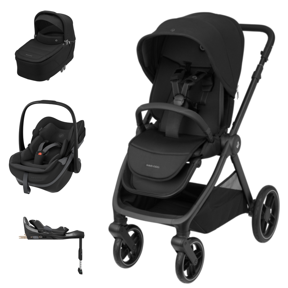 Conjunto de carrinho de bebé, moisés, cadeira auto e base, tudo preto