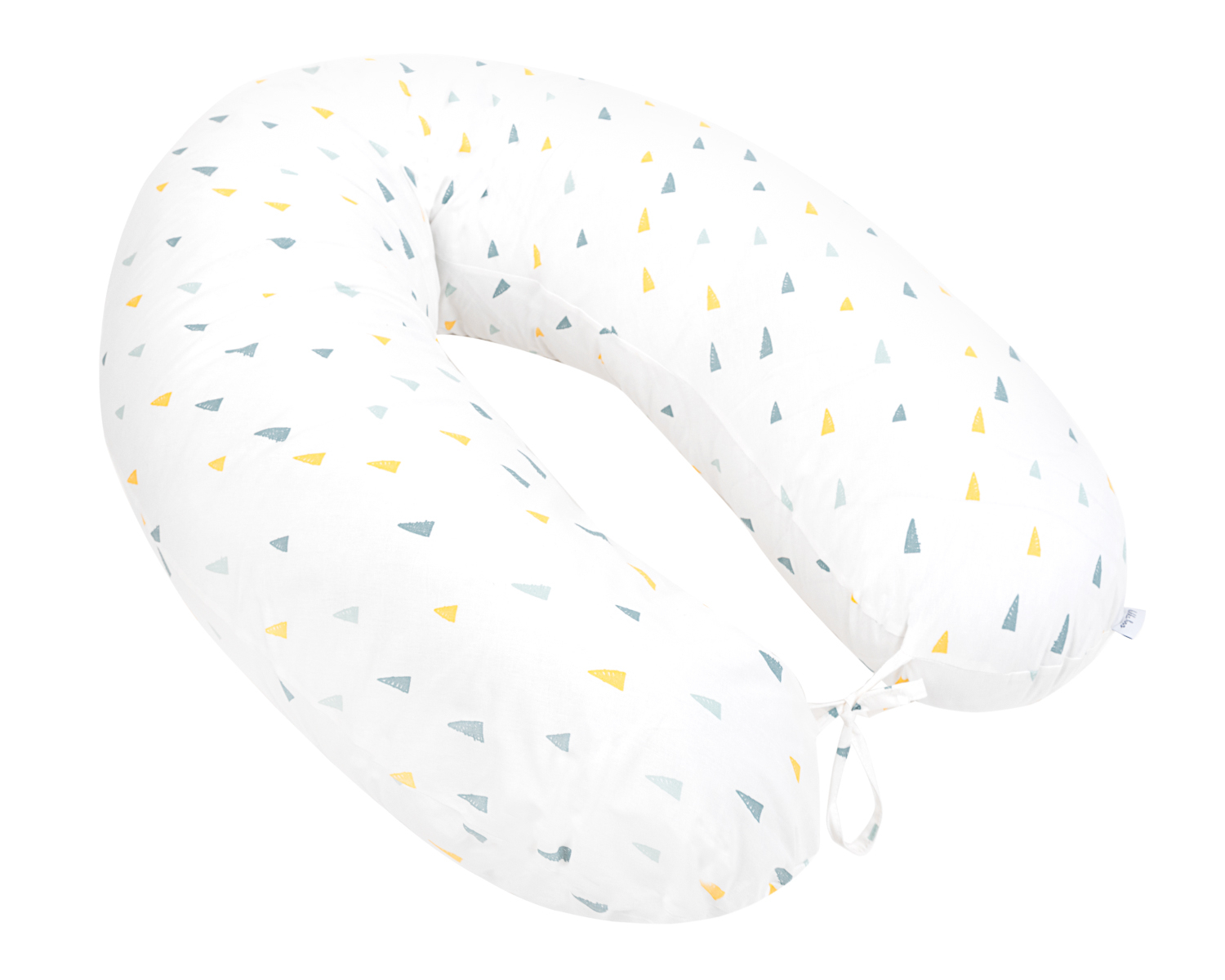 Almofada de amamentação branca com padrão de triângulos amarelos e cinzentos