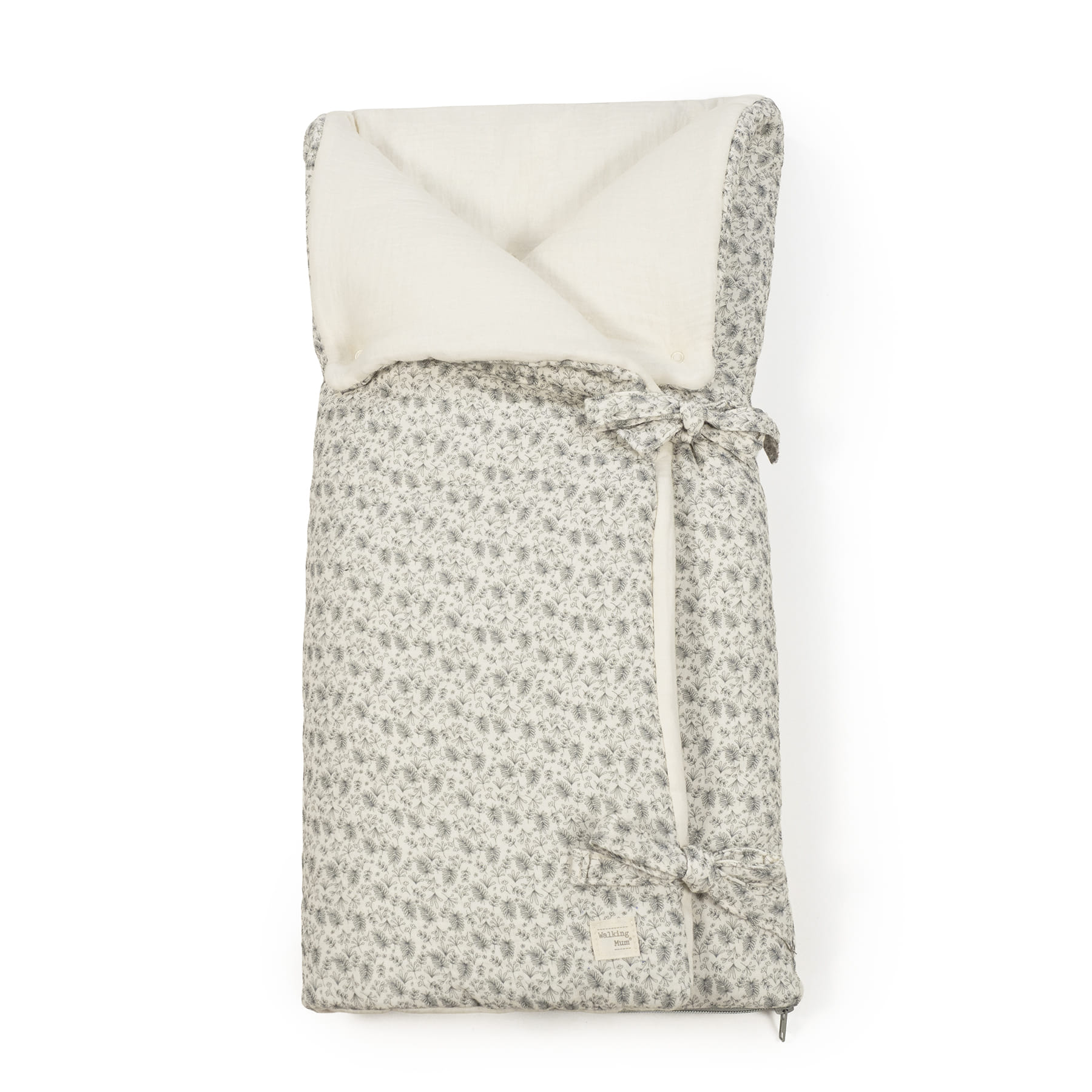 Saco de dormir para bebé com estampado floral cinza e interior felpudo branco