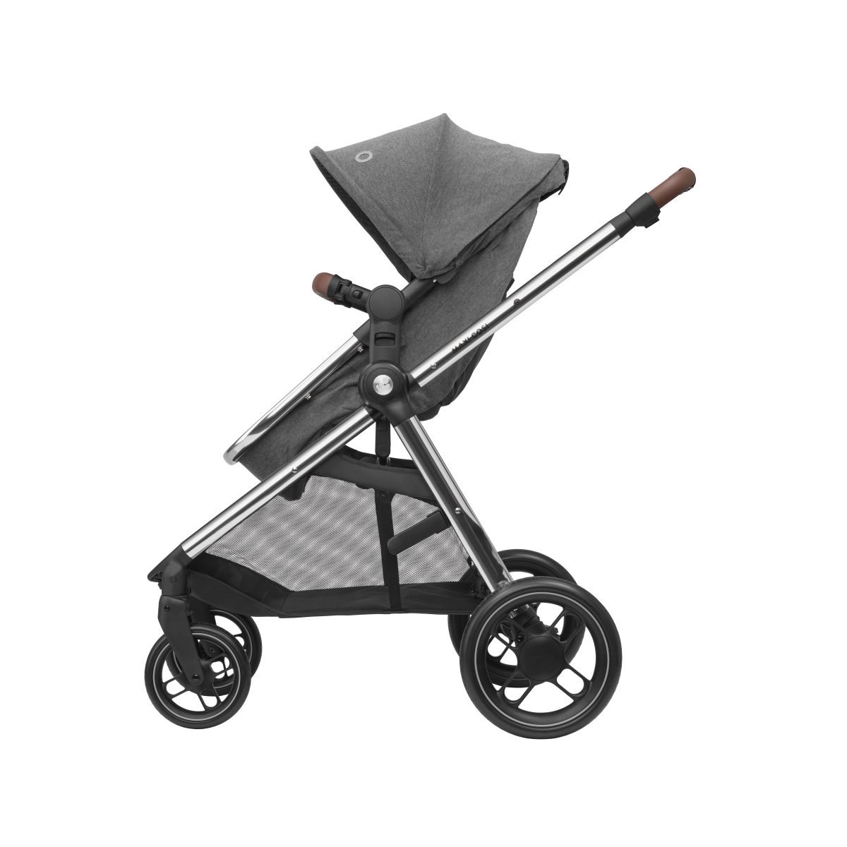Carrinho de bebé cinza com estrutura metálica e rodas pretas