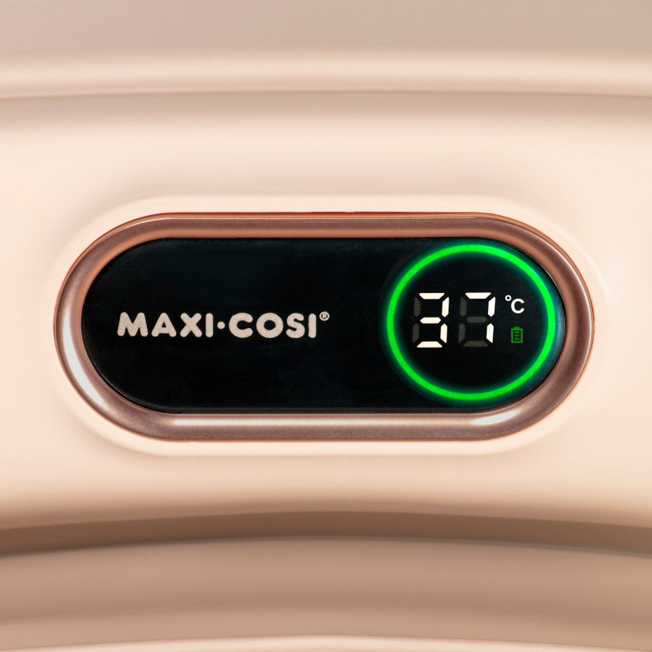 Painel digital oval da marca MAXI·COSI com ecrã que indica 37°C
