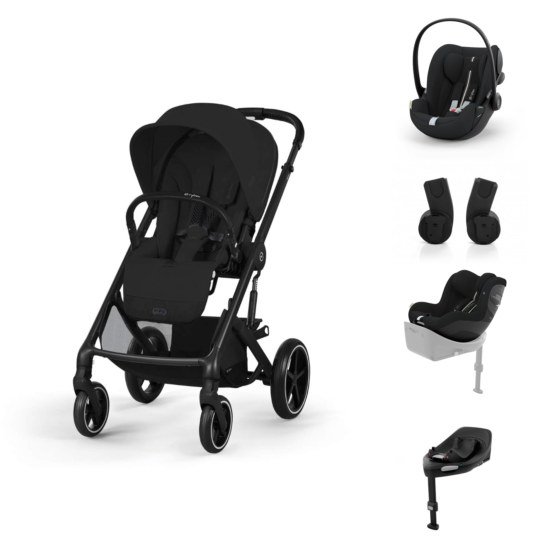 Carrinho de bebé preto com vários assentos e acessórios.