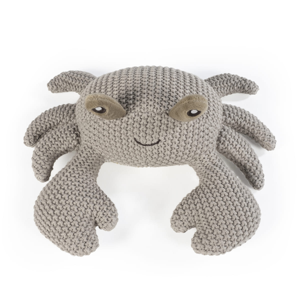 Almofada caranguejo cinzenta tricotada com olhos castanhos