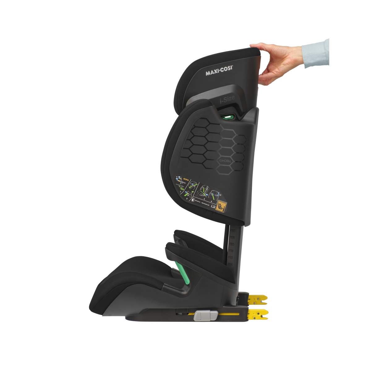 Cadeira auto Maxi-Cosi preta com detalhes em verde e amarelo