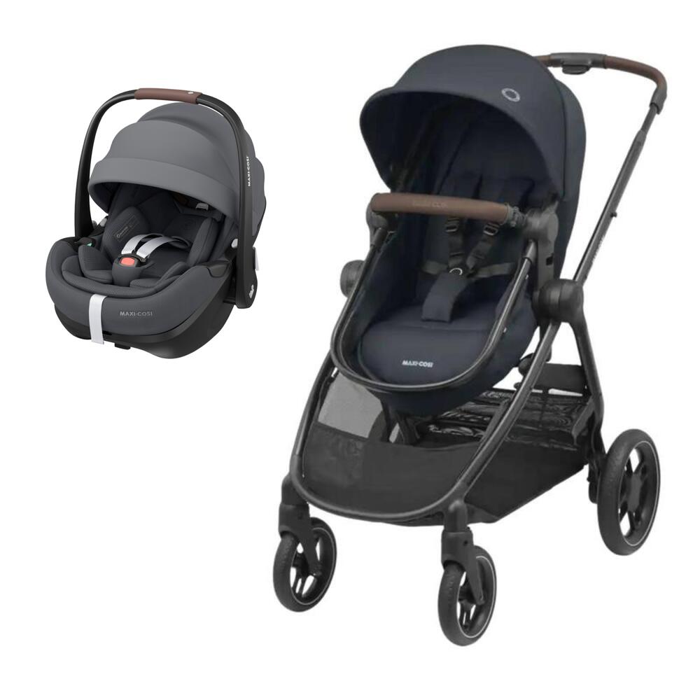 Carrinho de bebé preto e ovo auto cinza escuro com punho em couro castanho