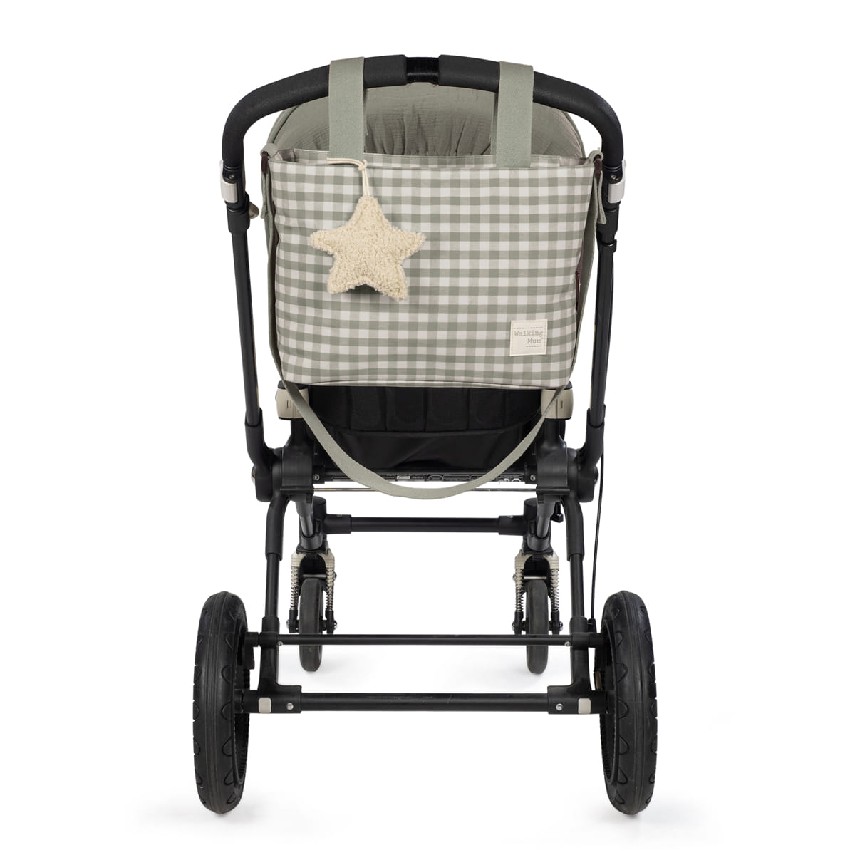 Carrinho de bebé tecido xadrez bege e branco com estrutura preta e estrela decorativa