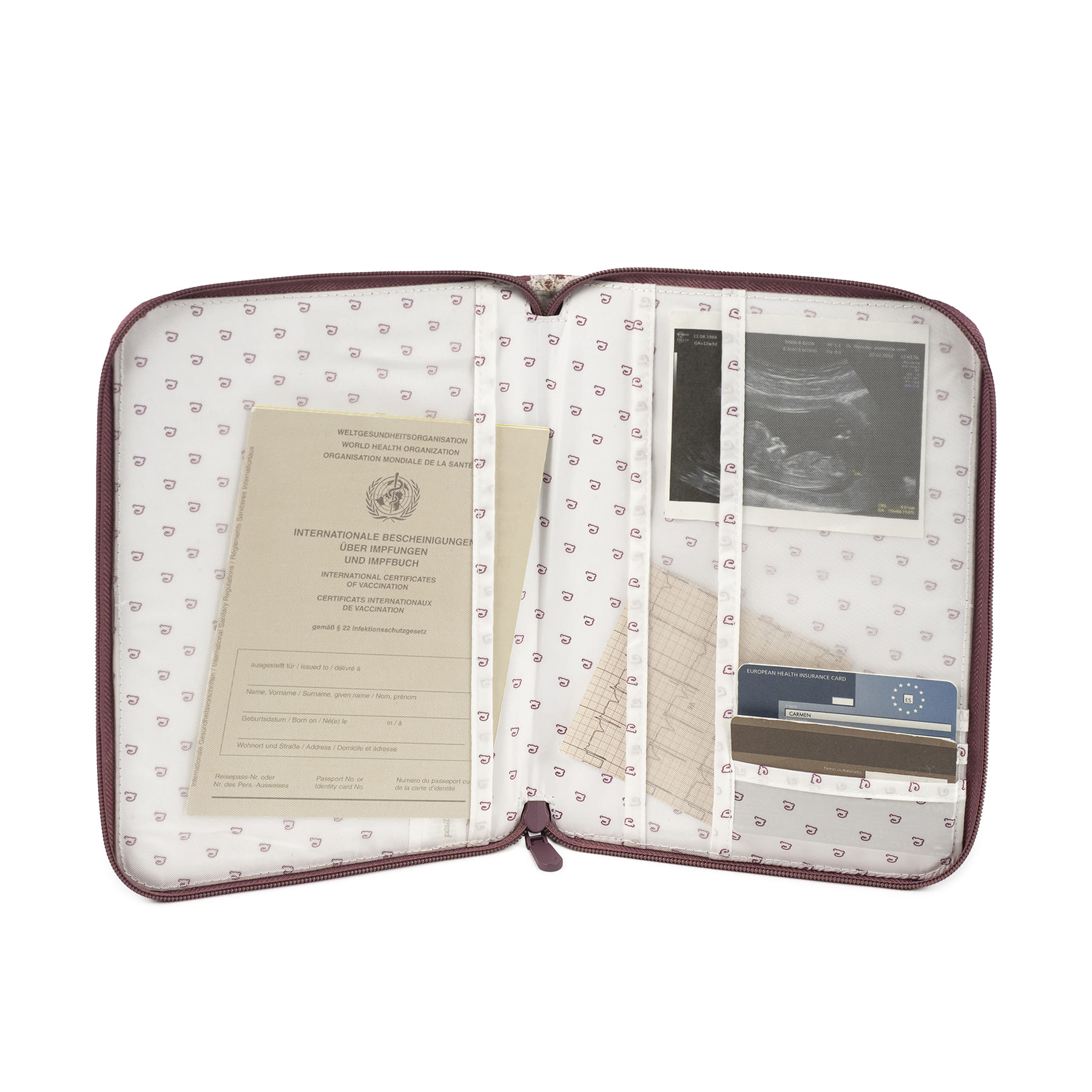 Organizador de documentos branco com interior padrão roxo contendo documentos e cartões