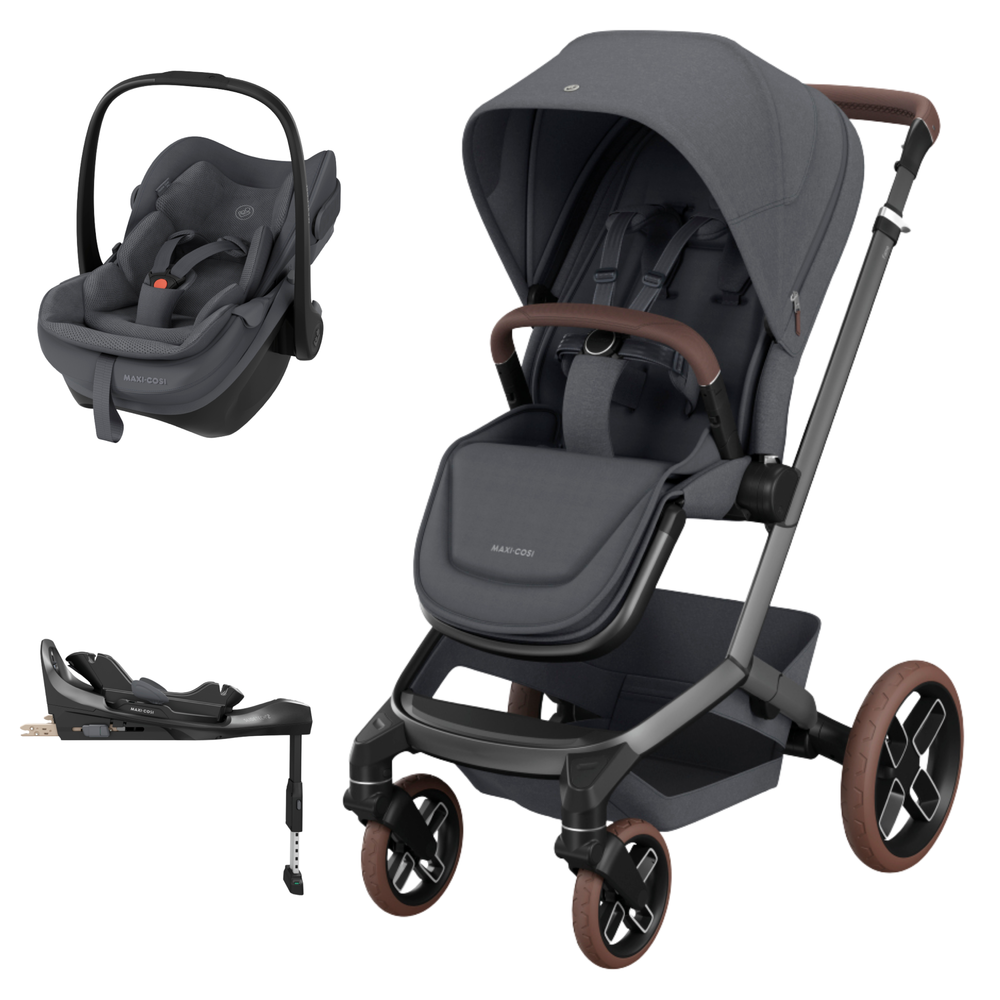 Conjunto carrinho de bebé, cadeira auto e base cinzentos Maxi-Cosi