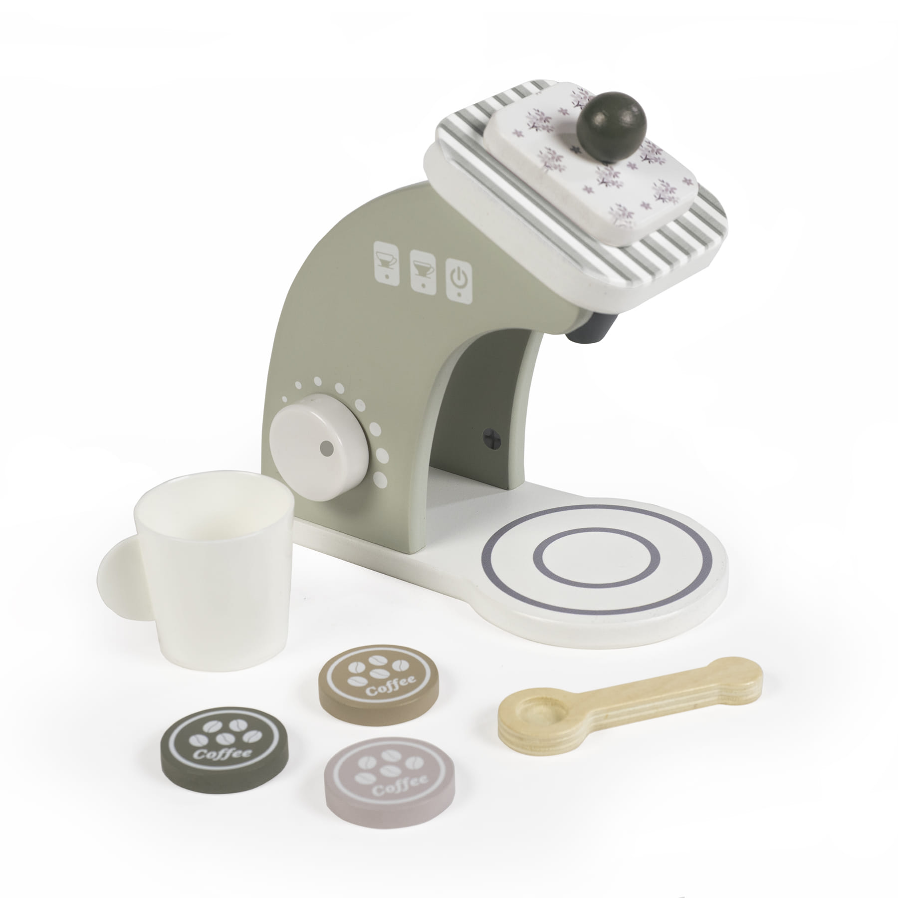 Brinquedo de máquina de café em madeira com acessórios coloridos.