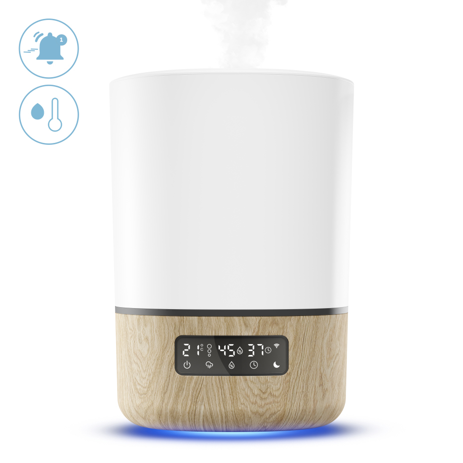 Humidificador branco com base em madeira e display digital