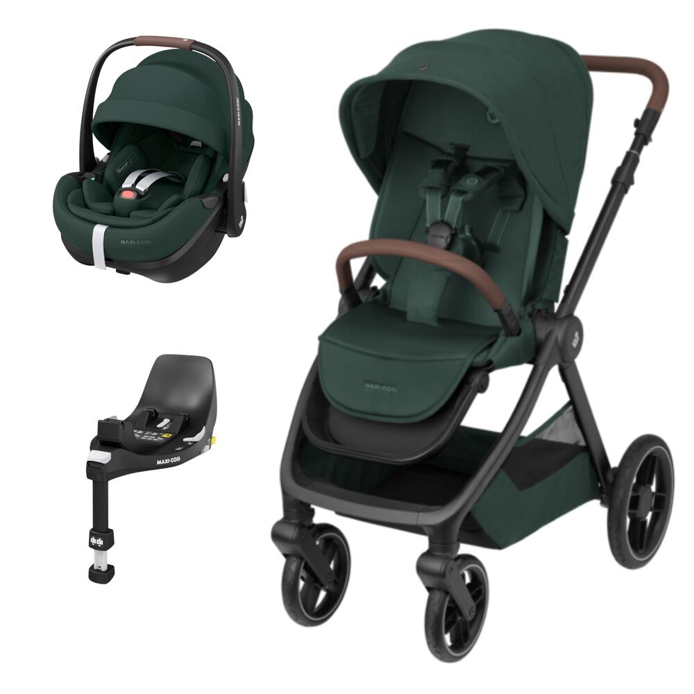 Carrinho de bebé e cadeira auto Maxi-Cosi verde escuro com estrutura preta e detalhes castanhos