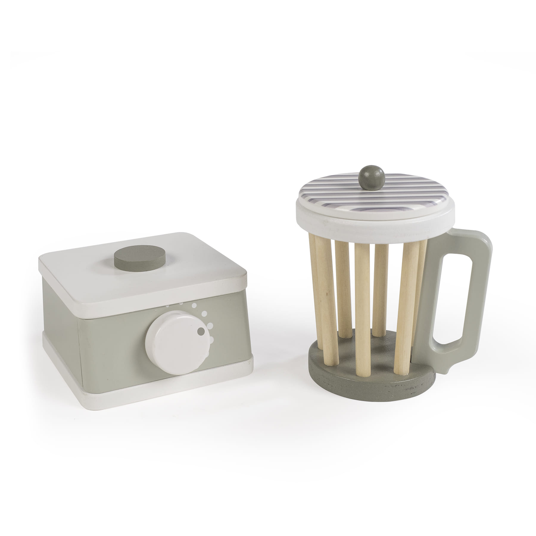 brinquedo de cozinha em madeira batedor cinza e base retangular com botão branco