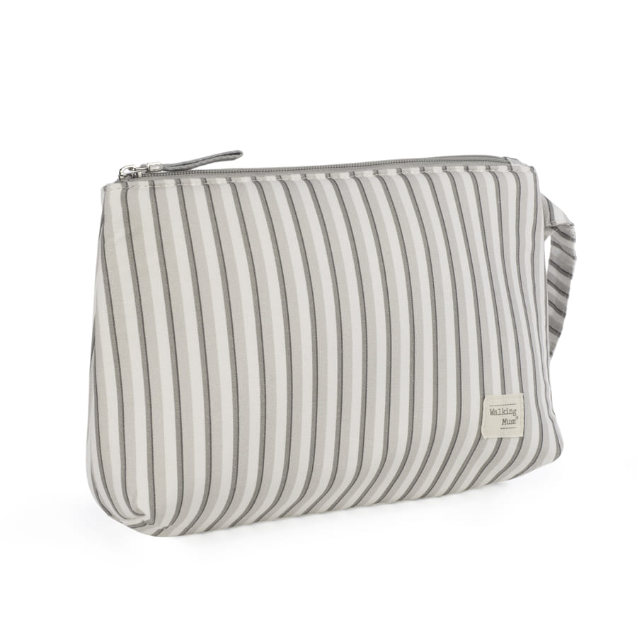 Mala pequena às riscas cinza e branco com fecho zíper e etiqueta MELISSA MAXX