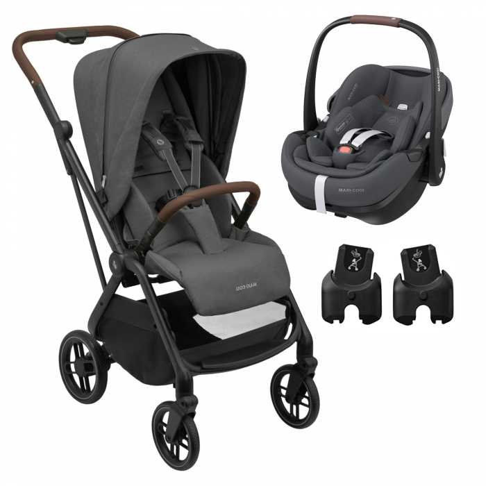 Carrinho e cadeirinha para bebé cinza escuro com detalhes castanhos e adaptadores
