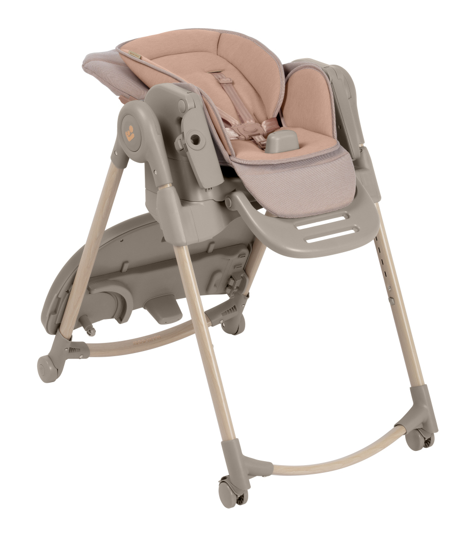 Cadeira alta para bebé cor bege e rosa com rodas e cintos