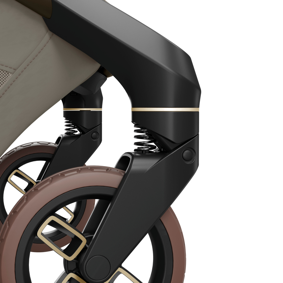 Roda dupla de carrinho de bebé preta com pneus castanhos e mola de suspensão