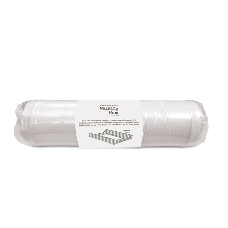 Produto rolado branco com rótulo Walking Mum e texto