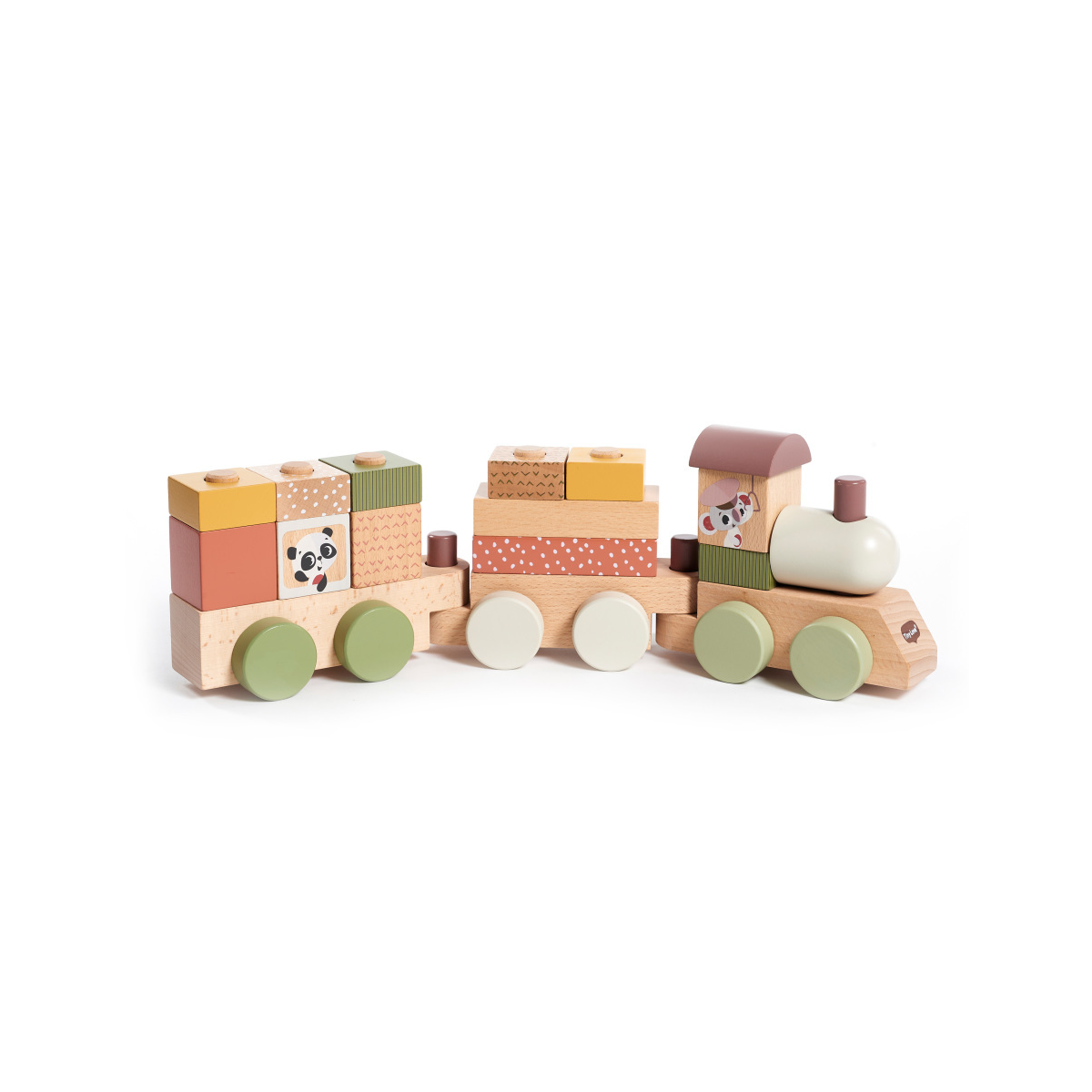 Comboio de madeira colorido com peças destacáveis e imagens de cães