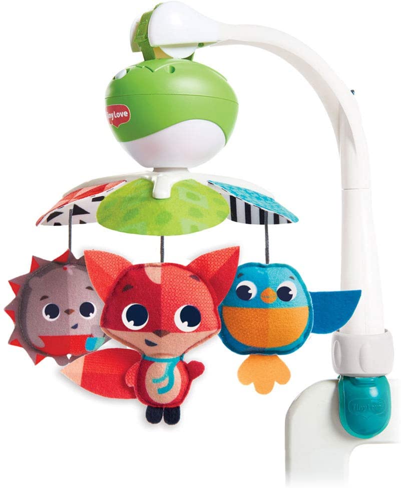 Móvel musical de berço com peluches de animais coloridos