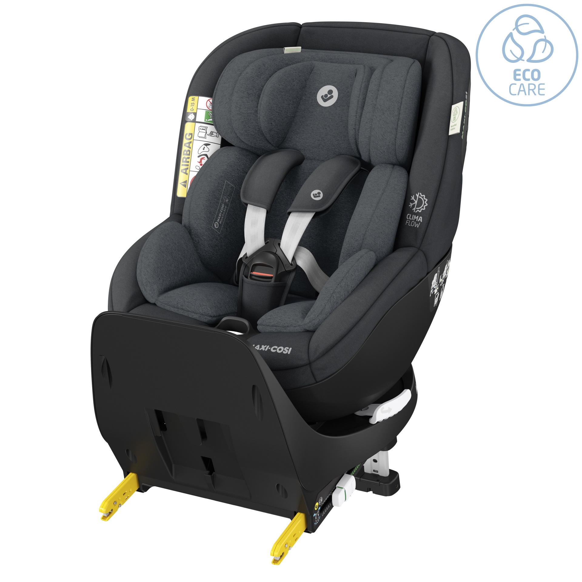 Cadeira auto para bebé cinzenta escura e preta com arnês e ISOFIX amarelo