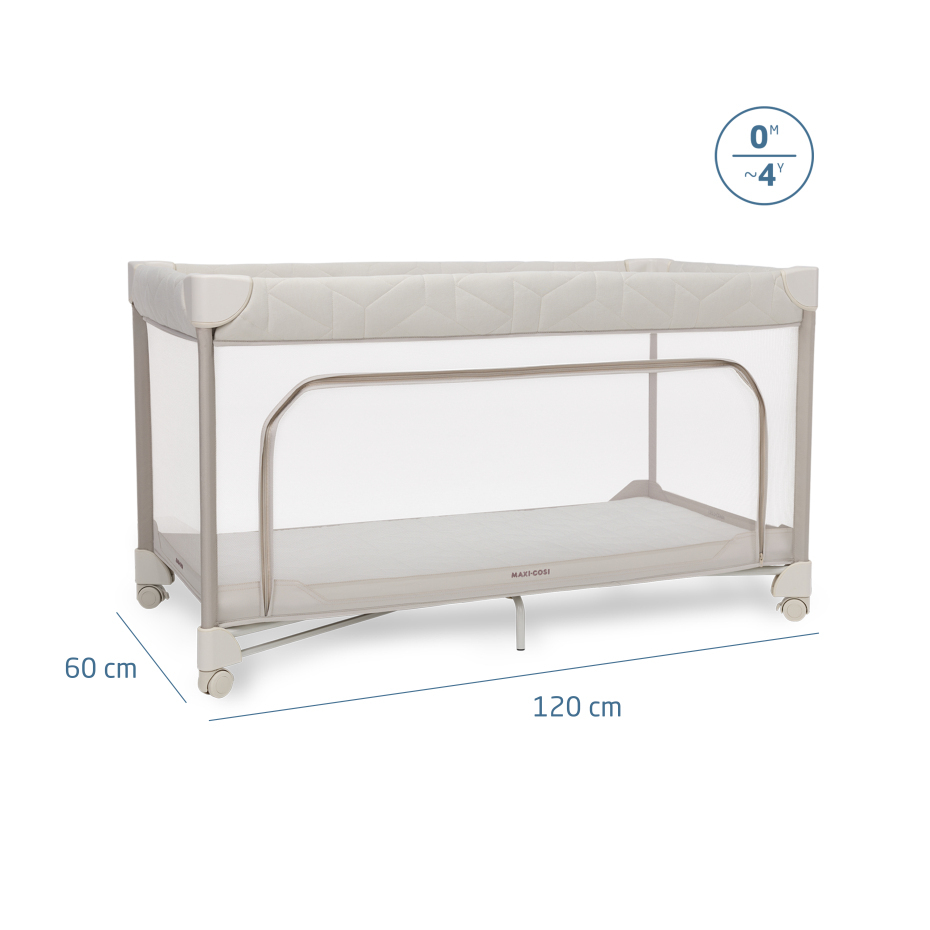 Cama de viagem para bebé Maxi-Cosi cinza com laterais em rede e colchão acolchoado