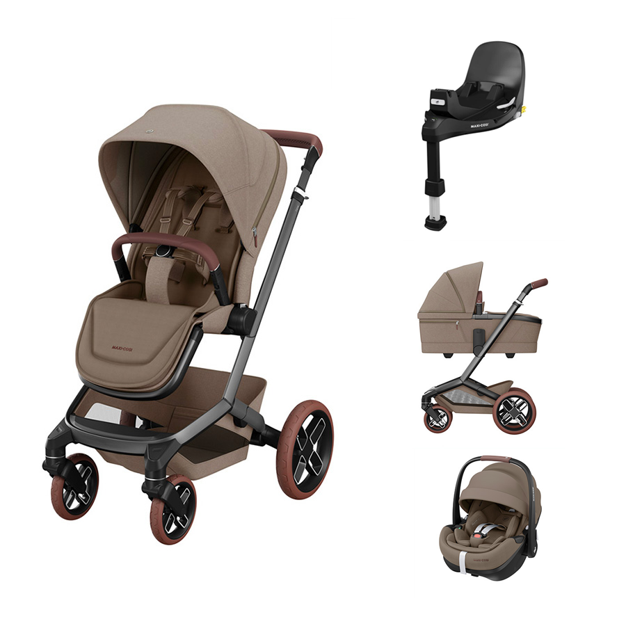 Conjunto modular para bebé com carrinho bege, capazo, alcofa e base preta para cadeira auto